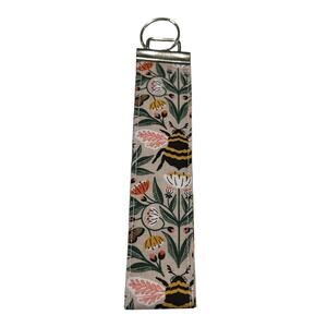 NEW Handmade Wrist Keychain Beige with Bumblebee and Floral Pattern